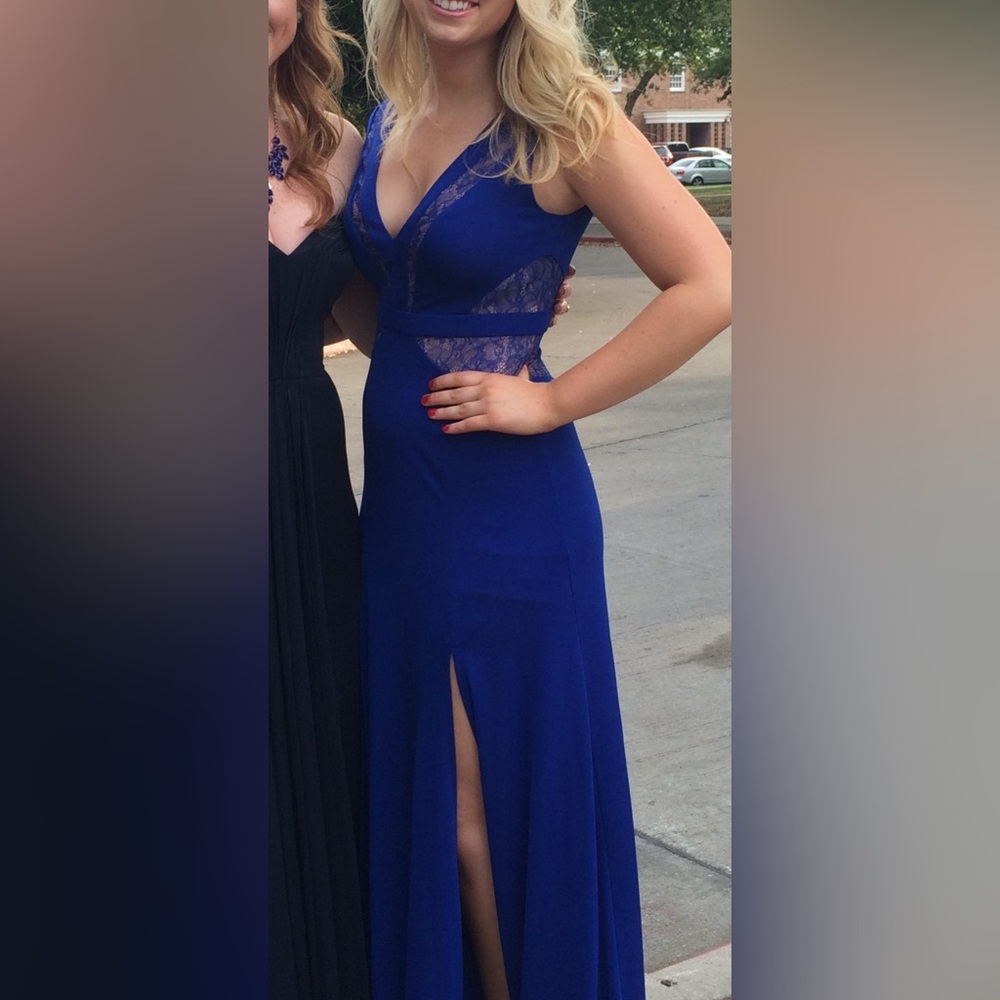 BCBGMaxAzria Royal Blue Lace-Panel Prom Gown